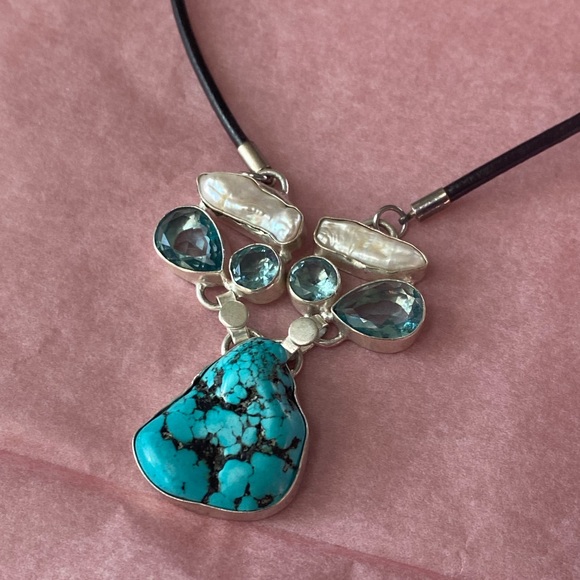 Genuine Turquoise Sterling Silver Necklace Mother of Pearl & Blue Quartz Stones - Picture 3 of 11